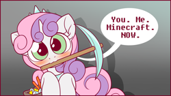 Size: 3840x2160 | Tagged: safe, artist:symbianl, imported from derpibooru, sweetie belle, pony, unicorn, don't mine at night, bronybait, cute, dialogue, diamond pickaxe, diasweetes, female, looking at you, minecraft, mouth hold, solo, symbianl is trying to murder us, you. me. x. now.