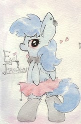 Size: 675x1036 | Tagged: safe, artist:slightlyshade, imported from derpibooru, nightshade, pegasus, pony, clothes, ear piercing, female, heart, looking at you, looking back, looking back at you, mare, open mouth, piercing, skirt, solo, tongue out, traditional art