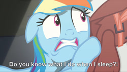 Size: 1280x721 | Tagged: safe, imported from derpibooru, screencap, rainbow dash, rarity, rarity investigates, caption, out of context, subtitles