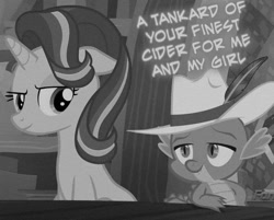 Size: 600x483 | Tagged: safe, edit, edited screencap, imported from derpibooru, screencap, spike, starlight glimmer, the crystalling, alcohol, bedroom eyes, black and white, cider, female, flirting, food, grayscale, hat, male, noir, pimp, pimp hat, shipping, sparlight, straight