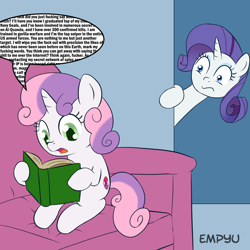 Size: 1000x1000 | Tagged: safe, artist:empyu, edit, imported from derpibooru, rarity, sweetie belle, pony, unicorn, book, copypasta, cutie mark, dialogue, duo, exploitable meme, meme, navy seal copypasta, reading, speech bubble, sweetie belle's book, the cmc's cutie marks