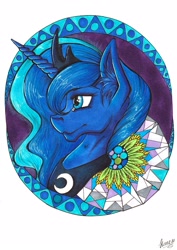 Size: 1525x2160 | Tagged: safe, artist:stirren, imported from derpibooru, princess luna, bust, female, for sale, geometry, goddess, portrait, solo, traditional art