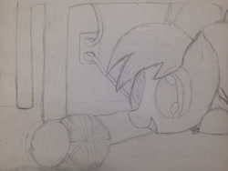 Size: 1280x960 | Tagged: safe, artist:mranthony2, imported from derpibooru, derpy hooves, pegasus, pony, cute, female, happy, mare, monochrome, playing, solo, traditional art, yarn ball