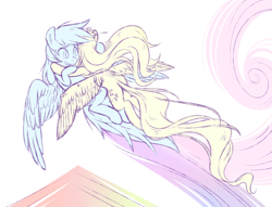 Size: 1024x783 | Tagged: safe, artist:jumblehorse, deleted from derpibooru, imported from derpibooru, fluttershy, rainbow dash, duo, female, flutterdash, flying, glomp, hug, lesbian, shipping, sketch, spread wings