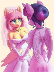 Size: 1080x1440 | Tagged: safe, artist:grissaecrim, artist:onomec, imported from derpibooru, fluttershy, twilight sparkle, alicorn, anthro, pegasus, alternate hairstyle, breasts, bride, busty fluttershy, choker, clothes, cute, dress, female, hair bun, holding hands, jewelry, lesbian, lesbian couple, lesbian wedding, looking at each other, looking at someone, marriage, necklace, open-back dress, shipping, shyabetes, twiabetes, twilight sparkle (alicorn), twishy, wedding, wedding dress, wedding veil