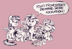 Size: 1286x876 | Tagged: safe, artist:buttersprinkle, imported from derpibooru, princess cadance, princess celestia, princess luna, twilight sparkle, alicorn, pony, alicorn tetrarchy, cute, cutedance, cutelestia, female, lunabetes, mare, monochrome, speech bubble, traditional art, twiabetes, twilight sparkle (alicorn)