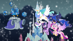 Size: 1920x1080 | Tagged: safe, artist:d0ublerainb0wdash, artist:dashiemlpfim, artist:hawk9mm, artist:yoshigreenwater, imported from derpibooru, princess cadance, princess celestia, princess flurry heart, princess luna, twilight sparkle, alicorn, pony, alicorn pentarchy, alicorn tetrarchy, crossover, crystal empire, crystal king, female, mare, nintendo, paper mario, snow, snowfall, super mario bros., twilight sparkle (alicorn), vector