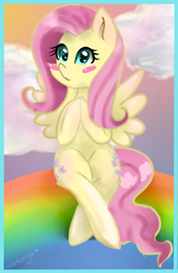 Size: 1300x2000 | Tagged: safe, artist:moekonya, imported from derpibooru, fluttershy, blushing, both cutie marks, crossed legs, female, hooves together, looking at you, rainbow, sitting, sky, solo, spread wings