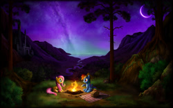 Size: 3466x2160 | Tagged: safe, artist:empalu, imported from derpibooru, fluttershy, rainbow dash, campfire, castle, crescent moon, galaxy, milky way galaxy, moon, night, picnic, scenery, stars