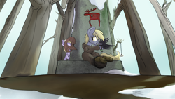 Size: 2870x1614 | Tagged: safe, artist:aaronmk, imported from derpibooru, derpy hooves, dinky hooves, elk, pegasus, pony, female, flute, forest, mare, mask, musical instrument, religion, snow, suomenusko
