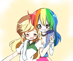 Size: 1158x975 | Tagged: safe, artist:lotte, imported from derpibooru, applejack, rainbow dash, equestria girls, appledash, embrace, female, hug, humanized, lesbian, pixiv, shipping