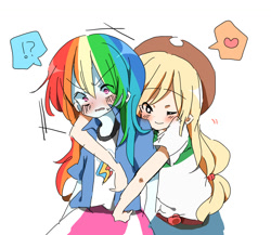 Size: 1200x1043 | Tagged: safe, artist:lotte, imported from derpibooru, applejack, rainbow dash, equestria girls, appledash, blushing, embrace, exclamation point, female, heart, hug, humanized, interrobang, lesbian, pixiv, question mark, shipping