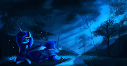 Size: 1280x670 | Tagged: safe, artist:auroriia, imported from derpibooru, princess luna, female, forest, night, prone, river, solo, stream