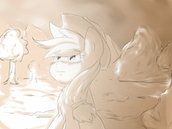 Size: 1600x1200 | Tagged: safe, artist:amazingpuffhair, imported from derpibooru, applejack, female, monochrome, sitting, solo, tree