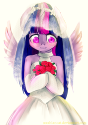 Size: 2893x4092 | Tagged: safe, artist:monochromacat, imported from derpibooru, part of a set, twilight sparkle, anthro, semi-anthro, arm hooves, blushing, clothes, dress, female, monochromacat's wedding series, part of a series, solo, spread wings, twilight sparkle (alicorn), wedding dress