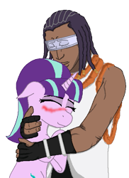 Size: 429x589 | Tagged: safe, artist:unbiased philosopher, imported from derpibooru, starlight glimmer, bleach (manga), blushing, crack shipping, crossover, crossover shipping, eyes closed, female, hug, male, shipping, simple background, smiling, straight, tousen kaname, transparent background, wat, why