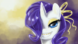 Size: 1920x1080 | Tagged: safe, artist:kp-shadowsquirrel, imported from derpibooru, rarity, pony, unicorn, bedroom eyes, braces, eyeshadow, female, hair bow, looking at you, makeup, smiling, solo, teenager, wallpaper, younger