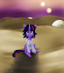 Size: 2100x2400 | Tagged: safe, artist:silbersternenlicht, imported from derpibooru, twilight sparkle, binary sunset, clothes, crossover, female, looking up, luke skywalker, messy mane, sitting, solo, star wars, tatooine, two suns