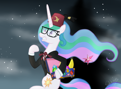 Size: 1900x1400 | Tagged: safe, artist:tina-de-love, imported from derpibooru, princess celestia, alicorn, pony, banana, bipedal, chest, clothes, crossover, elements of harmony, female, fez, food, glasses, gravity falls, grunkle stan, hat, mare, night, parody, running, solo, stan pines, stanley pines