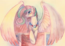 Size: 3242x2295 | Tagged: safe, artist:viv-chibi-love, imported from derpibooru, princess flurry heart, spoiler:s06, female, older, solo, spread wings, traditional art