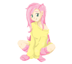 Size: 7963x7017 | Tagged: safe, artist:pokeponyaquabubbles, imported from derpibooru, fluttershy, human, absurd resolution, clothes, female, humanized, looking at you, off shoulder, sitting, socks, solo, sweater, sweatershy