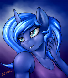 Size: 3300x3800 | Tagged: safe, artist:elzzombie, imported from derpibooru, princess luna, anthro, breasts, clothes, female, no nose, solo, tanktop