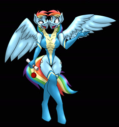 Size: 1999x2135 | Tagged: safe, artist:vladiverse, imported from derpibooru, rainbow dash, anthro, unguligrade anthro, black background, clothes, conjoined, conjoined twins, leotard, multiple heads, simple background, socks, thigh highs, two heads, what has magic done, wonderbolts uniform