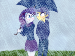 Size: 800x600 | Tagged: safe, artist:ultrard, imported from derpibooru, comet tail, rarity, equestria girls, blushing, clothes, colored pupils, cometity, duo, eye contact, female, looking at each other, male, rain, scarf, shipping, skirt, smiling, straight, sweatshirt, umbrella