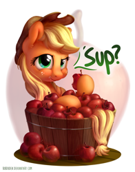 Size: 1100x1400 | Tagged: safe, artist:bobdude0, imported from derpibooru, applejack, earth pony, pony, apple, aweeg*, dialogue, eating, female, food, freckles, mare, solo, sup, that pony sure does love apples, tub