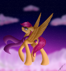 Size: 700x750 | Tagged: safe, artist:justart101, imported from derpibooru, scootaloo, clothes, cloud, cutie mark, female, night, scarf, solo, the cmc's cutie marks