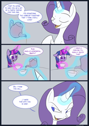 Size: 850x1200 | Tagged: safe, artist:kanashiipanda, imported from derpibooru, rarity, twilight sparkle, alicorn, pony, unicorn, comic:royal taste test, comic, dialogue, explicit source, female, glowing horn, lesbian, magic, mare, rarilight, shipping, telekinesis, twilight sparkle (alicorn)