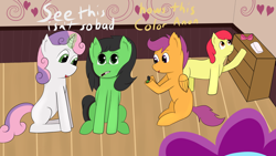 Size: 1280x720 | Tagged: safe, artist:zlight, imported from derpibooru, apple bloom, scootaloo, sweetie belle, oc, oc:anon, oc:filly anon, earth pony, pegasus, pony, unicorn, cutie mark crusaders, female, filly