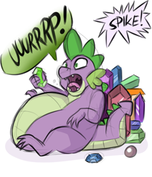 Size: 654x762 | Tagged: safe, artist:chubbyjam, imported from derpibooru, spike, dragon, belly, bhm, big belly, burp, eating, fat, fat spike, gem, implied twilight sparkle, male, stuffed