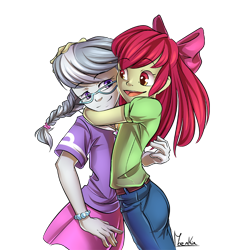 Size: 800x800 | Tagged: safe, artist:moenkin, imported from derpibooru, apple bloom, silver spoon, equestria girls, adorabloom, applespoon, cute, duo, duo female, female, hand on head, hug, silverbetes, simple background, transparent background