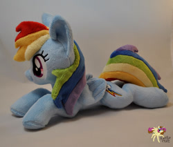 Size: 1280x1089 | Tagged: safe, artist:ketika, imported from derpibooru, rainbow dash, irl, lying down, photo, plushie, simple background, solo, traditional art