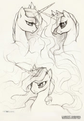 Size: 877x1260 | Tagged: safe, artist:larest, imported from derpibooru, princess celestia, princess luna, female, pencil drawing, sketch, solo, traditional art