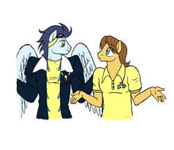 Size: 960x827 | Tagged: safe, artist:hasana-chan, imported from derpibooru, caramel, soarin', anthro, clothes, hand, soarinmel, wonderbolts uniform