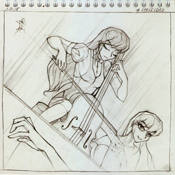 Size: 600x601 | Tagged: safe, artist:larest, imported from derpibooru, octavia melody, equestria girls, cello, duo, eyes closed, musical instrument, pencil drawing, playing, sketch, traditional art