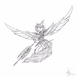 Size: 5000x5000 | Tagged: safe, artist:skitsniga, artist:skitsroom, imported from derpibooru, princess celestia, absurd resolution, female, fluffy, monochrome, solo, spear, spread wings, weapon