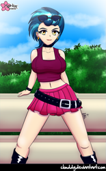 Size: 559x900 | Tagged: safe, artist:clouddg, imported from derpibooru, indigo zap, equestria girls, friendship games, belly button, belt, breasts, busty indigo zap, clothes, female, human coloration, looking at you, midriff, signature, skirt, solo, sunglasses