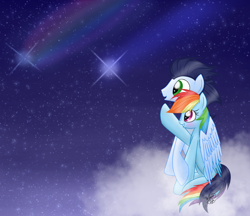 Size: 1024x884 | Tagged: dead source, safe, artist:northlights8, imported from derpibooru, rainbow dash, soarin', pony, cloud, female, hug, male, shipping, soarindash, stars, straight, winghug