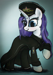 Size: 3000x4266 | Tagged: safe, artist:plotcore, imported from derpibooru, rarity, pony, unicorn, alternate hairstyle, clothes, female, gradient background, mare, raised hoof, solo, uniform