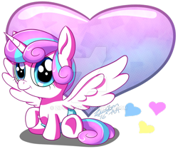 Size: 800x668 | Tagged: safe, artist:zipo-chan, imported from derpibooru, princess flurry heart, pony, spoiler:s06, deviantart watermark, female, heart, obtrusive watermark, raised hoof, solo, spread wings, watermark