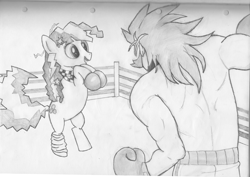 Size: 1123x794 | Tagged: artist needed, safe, imported from derpibooru, cheerilee, human, pony, 80s, 80s cheerilee, artifact, bipedal, boxing gloves, boxing ring, braces, hilarious in hindsight, leg warmers, pencil drawing, this will end in tears and/or death, traditional art