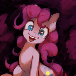 Size: 3000x3000 | Tagged: safe, artist:ruby, imported from derpibooru, pinkie pie, earth pony, pony, abstract background, crazy face, crying, faic, female, hurting, insanity, looking at you, mismatched eyes, shrunken pupils, sitting, smiling, solo