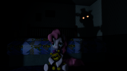 Size: 1191x670 | Tagged: safe, artist:crimsondusk, imported from derpibooru, pinkie pie, bed, bedroom, five nights at freddy's, five nights at freddy's 4, fredbear plush, moonlight, nightmare freddy, scared