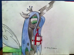 Size: 2592x1936 | Tagged: safe, artist:charredknightpony, imported from derpibooru, queen chrysalis, cute, cutealis, female, present, smiling, solo, traditional art