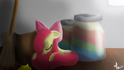 Size: 1920x1080 | Tagged: safe, artist:bronyontheway, imported from derpibooru, apple bloom, earth pony, pony, adorabloom, apple, broom, cute, female, filly, foal, food, jam, lying down, prone, sleeping, solo, zap apple, zap apple jam