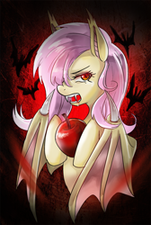 Size: 600x894 | Tagged: safe, artist:tzc, imported from derpibooru, fluttershy, bat pony, pony, apple, female, flutterbat, food, solo