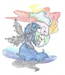 Size: 1270x1470 | Tagged: safe, artist:musiccannon, imported from derpibooru, princess celestia, princess luna, simple background, traditional art, yin-yang